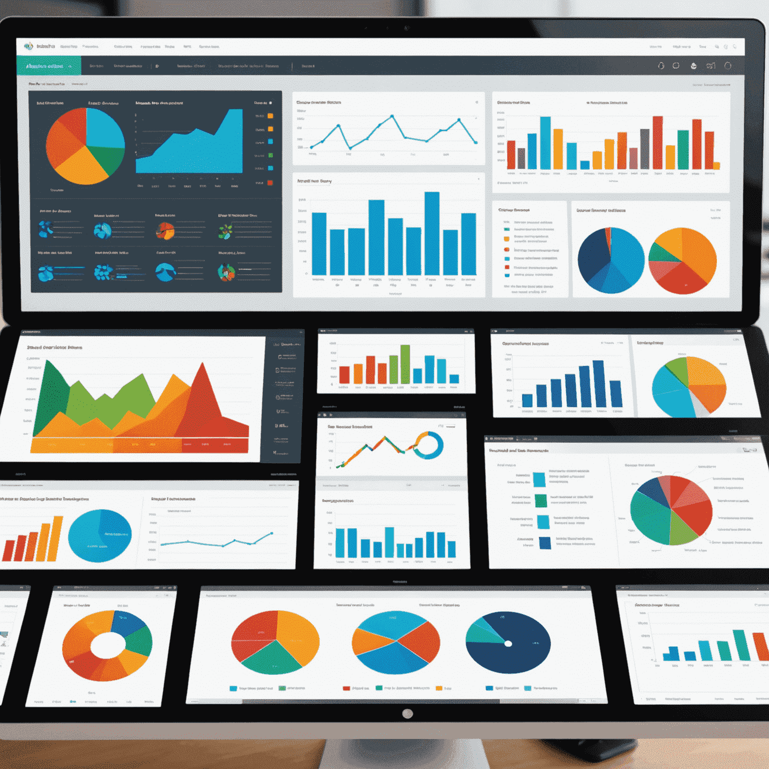 Zaawansowany interaktywny dashboard z kolorowymi wykresami i diagramami przedstawiającymi złożone dane biznesowe