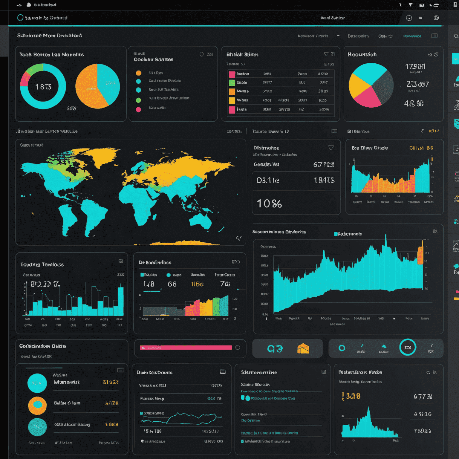 Zrzut ekranu interaktywnego dashboardu biznesowego, pokazujący różnorodne wizualizacje danych, w tym wykresy KPI, mapy geograficzne i analizy trendów. Dashboard utrzymany jest w futurystycznej, neonowej estetyce, podkreślając zaawansowany charakter kursu.