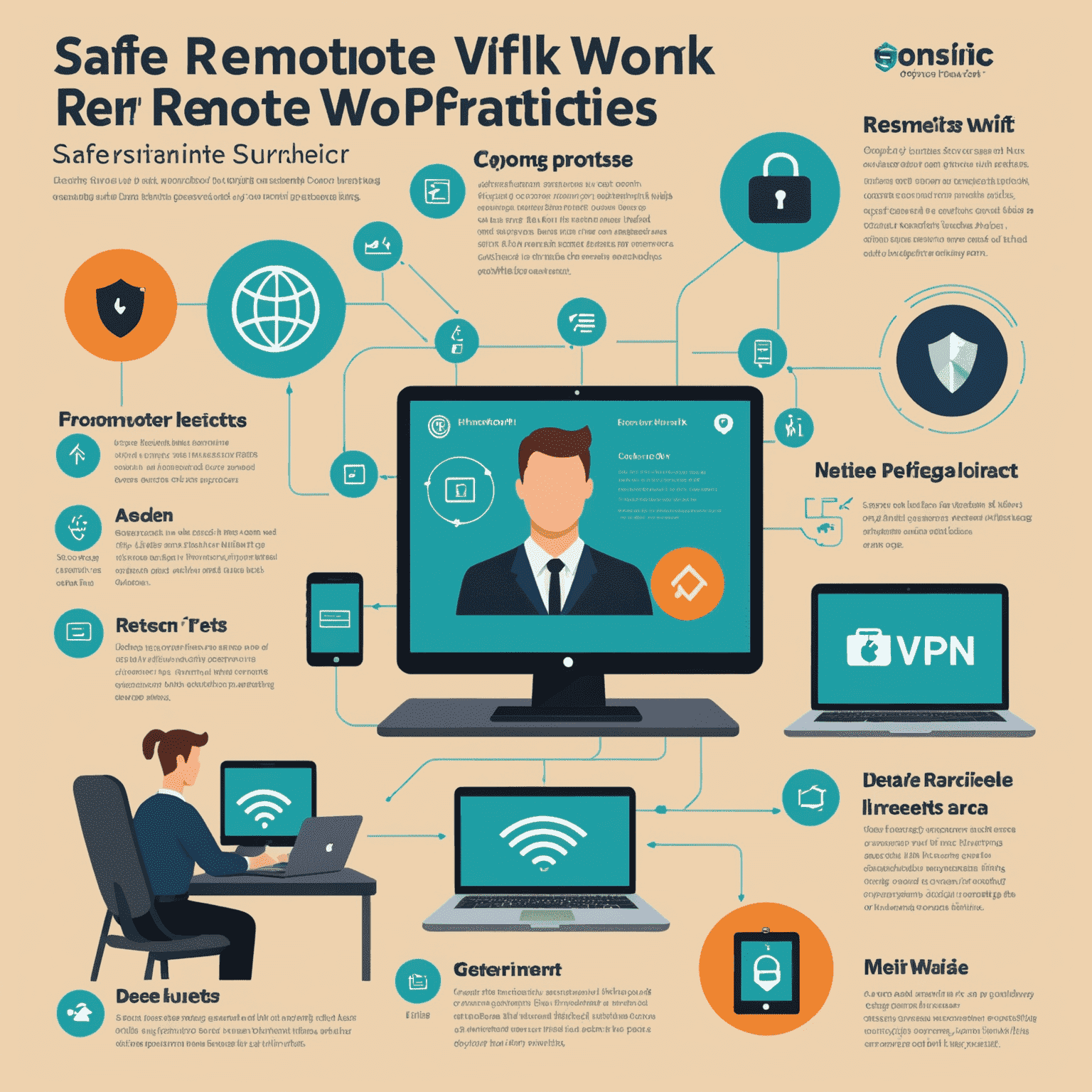 Infografika przedstawiająca bezpieczne praktyki pracy zdalnej, w tym VPN, bezpieczne Wi-Fi i ochronę urządzeń